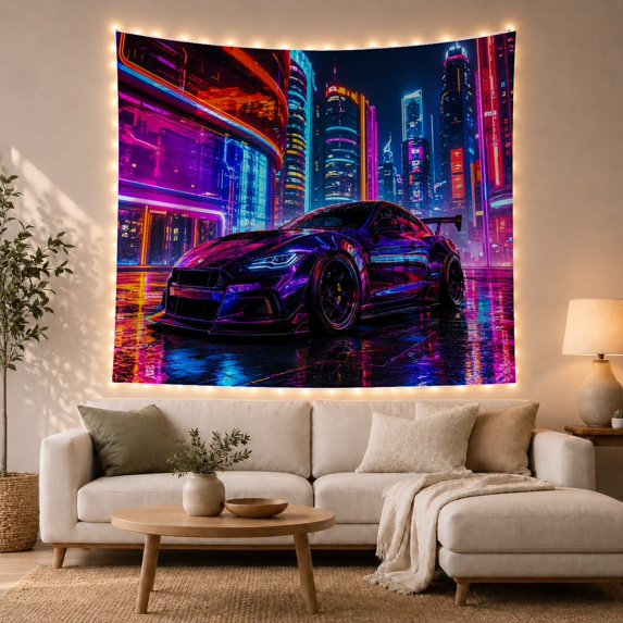 Purple Sports Car Beneath Neon Skyscrapers, Dramatic Digital Art for Vehicle Fans, City Night Decor, Housewarming Gift, Tapestry Wall Hanging for Gaming Room and Studio