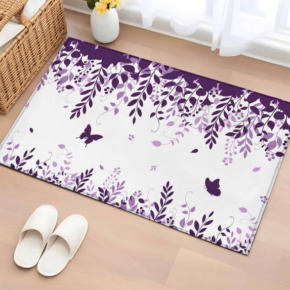 Purple Spring Botanical Entryway Rug 2'x3' Non Slip Front Door Mats, Weeping Eucalyptus Butterfly Entrance Rugs Indoor Outdoor Carpet, Washable Floor Mats Small Area Rug for Bedroom Kitchen