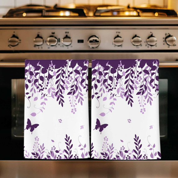 Purple Spring Botanical Kitchen Towels Set of 3, Weeping Eucalyptus Butterfly Absorbent Dish Towels for Kitchen, Microfiber Hand Towel, Quick Drying Tea Towel for Cleaning Decorative Dishcloths