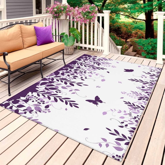 Purple Spring Botanical Outdoor Rug 3x5 Ft, Non Slip Washable Area Rug, Weeping Eucalyptus Butterfly Patio Rugs Carpet Runner, Large Floor Mat for Indoor/Outdoor Deck Porch Camping
