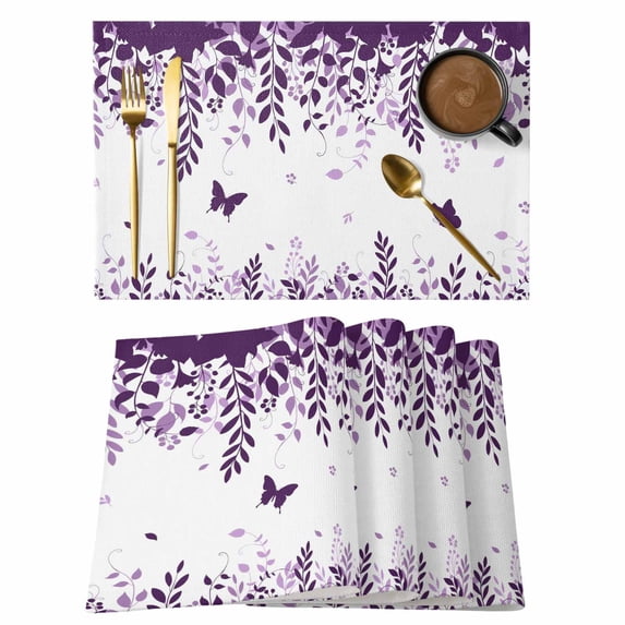 Purple Spring Botanical Placemats Set of 4, Weeping Eucalyptus Butterfly Placemats for Dining Table, Place Mats for Kitchen Tabletop, Waterproof Wipeable Dining Table Mats Set