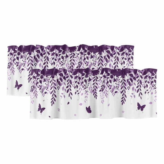 Purple Spring Botanical Valances for Windows, Decorative Rod Pocket Window Valance Curtains, Weeping Eucalyptus Butterfly Short Curtain Drapes for Kitchen/Living Room, 2 Panels, 54" W x 18" L