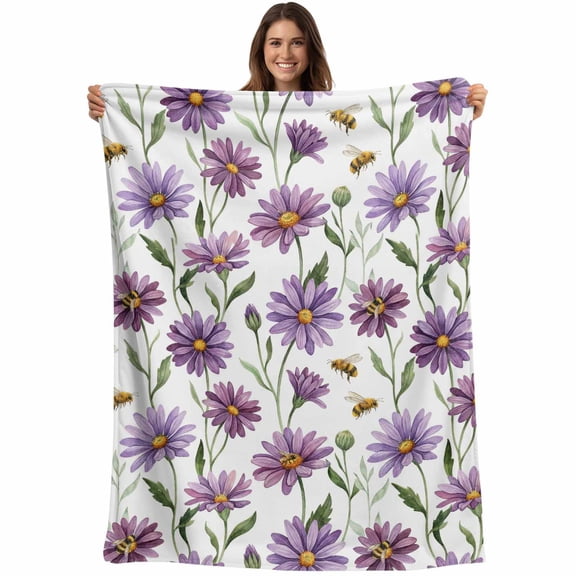 Purple Spring Floral Blanket Soft Cozy Warm Throw Blanket for Couch, Plush Fuzzy Flannel Fleece Blankets for Sofa, Summer Botanical Bee Floral Daisy Bed Blankets Lightweight Gifts for Women, 50"x60"