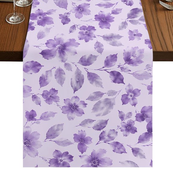 Purple Spring Floral Burlap Cotton Table Runner 13x70 Inches Long, Summer Botanical Elegant Watercolor Farmhouse Table Runners, Outdoor Dining Tablecloths Decor for Baby Shower/Party/Wedding