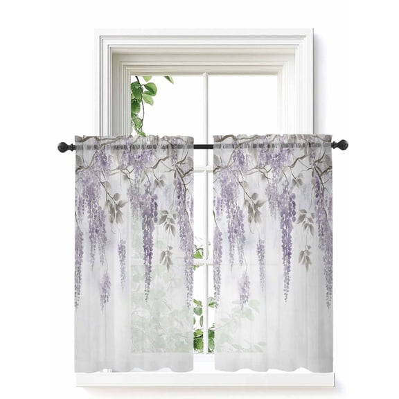 Purple Spring Floral Curtains 45 Inch Length,Sheer Curtains for Bedroom Living Room Window Summer Botanical Weeping Vintage Rod Pocket Drapes Kitchen Curtains Small Half Window 42"x45" 2 Panels