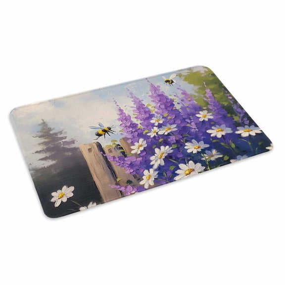 Purple Spring Floral Doormat Outdoor Entrance 18"x30", Watercolor Lavender Bee Daisy Botanical Absorb Moisture Dirt Door Mats, Non-Slip Rubber Backing Floor Mats Indoor, Low-Profile Front Door Rugs