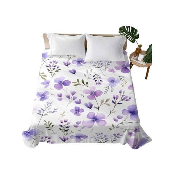 Purple Spring Floral Flat Sheets Only King Size, Soft Breathable Bed Top Sheets for Mattress, Pastoral Botanical Watercolor Luxury Bedding Flat Sheets for Home Hotel Bedroom Bed Protection