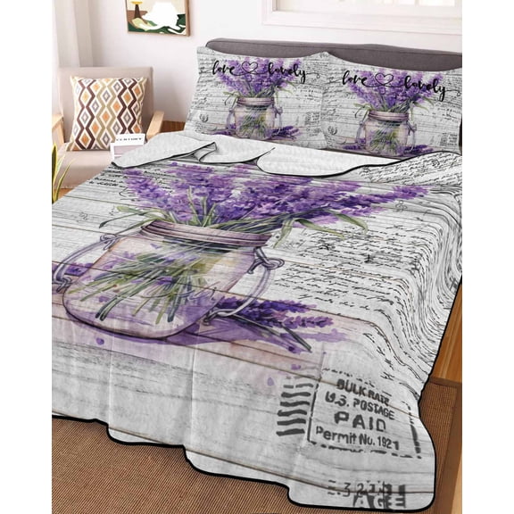 Purple Spring Floral King Size Down Alternative Comforter, Lightweight Comforter Quilt Bedding Set with Pillow Shams Lavender Vintage Summer Botanical All Seasons Bed Comforter Duvet Insert 96"x106"