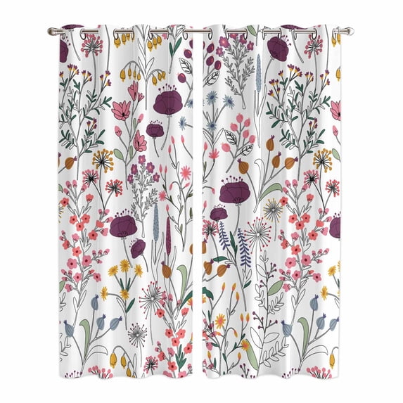 Purple Spring Floral Kitchen Curtains 84 Inch Length, Vintage Botanical Colorful Elegant Grommet Top Bedroom Living Room Curtains, Light Filtering Cafe Curtain Drapes 2 Panels Set 84''x84''