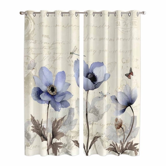 Purple Spring Floral Kitchen Curtains 84 Inch Length, Vintage Botanical Retro Art Grommet Top Bedroom Living Room Curtains, Light Filtering Cafe Curtain Drapes 2 Panels Set 84''x84''