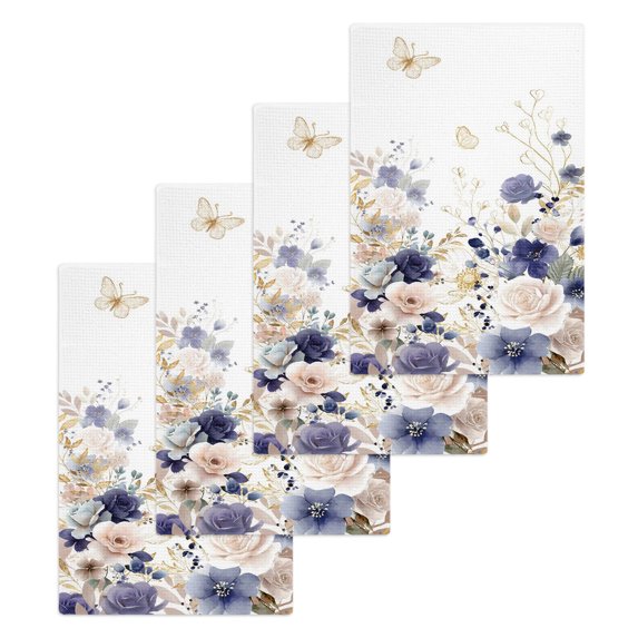 Purple Spring Floral Kitchen Dish Towels for Drying Dishes Set of 4, Elegant Pastoral Flowers Watercolor Waffle Weave Microfiber Hand Tea Bathroom Towels Quick Dry & Absorbent Towel 15.7x23.6