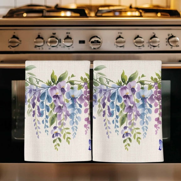 Purple Spring Floral Kitchen Towels Set of 1, Butterfly Weeping Watercolor Botanical Absorbent Dish Towels for Kitchen, Microfiber Hand Towel, Quick Drying Tea Towel for Cleaning Dishcloths