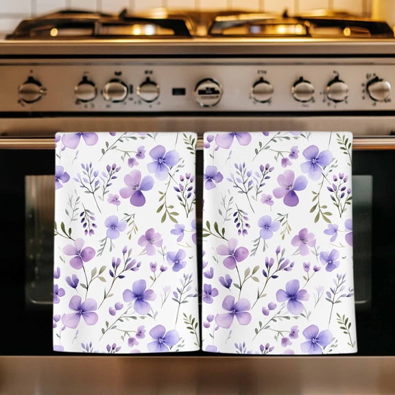 Purple Spring Floral Kitchen Towels Set of 3, Pastoral Botanical Watercolor Absorbent Dish Towels for Kitchen, Microfiber Hand Towel, Quick Drying Tea Towel for Cleaning Decorative Dishcloths