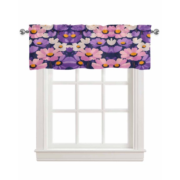 Purple Spring Floral Kitchen Valances for Windows Farmhouse Linen Window Valance Curtain for Living Room Window Treatment Flowers Summer Botanical Abstract Art Valance Rod Pocket Topper, 54 x 18 Inch