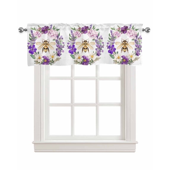 Purple Spring Floral Kitchen Valances for Windows Farmhouse Linen Window Valance Curtain for Living Room Window Treatment Summer Bee Lavender Botanical Art Valance Rod Pocket Topper, 42 x 12 Inch