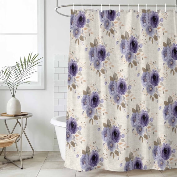 Purple Spring Floral Long Shower Curtain Set, Waterproof Shower Curtains for Bathroom, Farmhouse Flowers Modern Art Washable Fabric Cloth Bath Curtain for Bathtub Decoration with Hooks 72x84 Inches