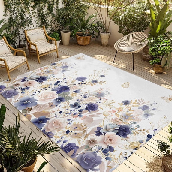 Purple Spring Floral Outdoor Rug for Patio/Deck/Porch, Non-Slip Large Area Rug 3 x 5 Ft, Elegant Pastoral Flowers Watercolor Indoor Outdoor Rugs Washable Area Rugs, Camping Rug Carpet Runner