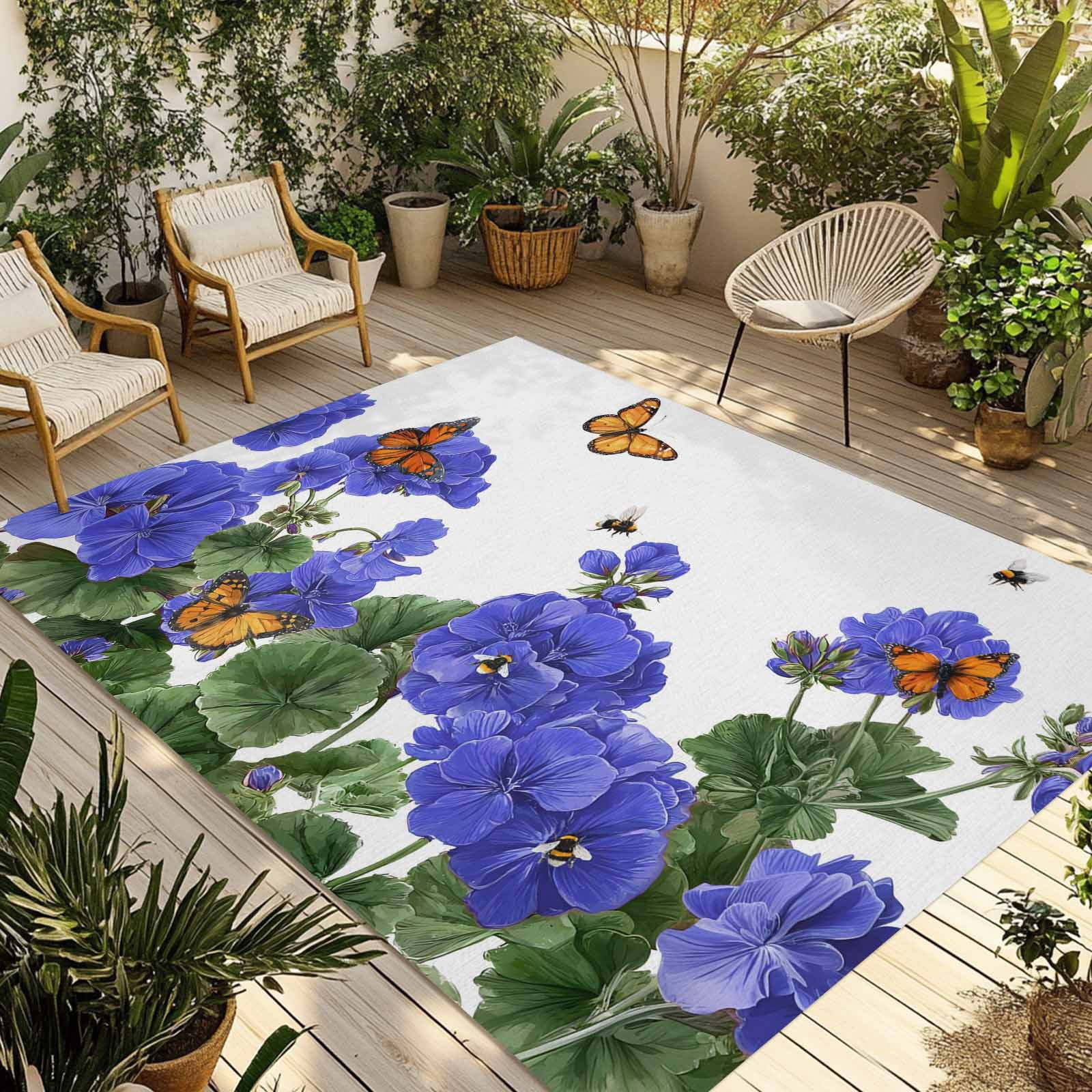 Purple Spring Floral Outdoor Rug for Patio/Deck/Porch, Non-Slip Large Area Rug 6 x 9 Ft, Butterfly Farmhouse Indoor Outdoor Rugs Washable Area Rugs, Reversible Camping Rug Carpet Runner