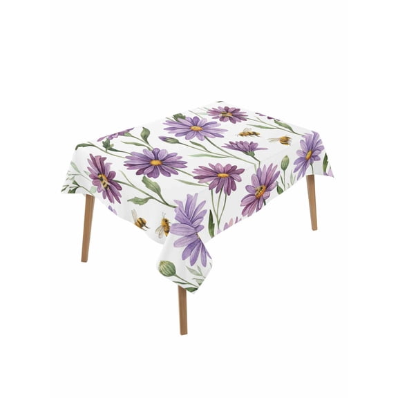 Purple Spring Floral Rectangle Tablecloth, Summer Botanical Bee Floral Daisy Waterproof & StainResistant Tablecloth, Washable Oil-proof Table Cover for Dining/Party/Wedding/Camping/Buffet 52x70 In