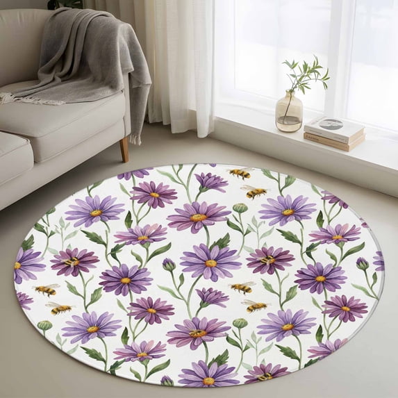 Purple Spring Floral Round Area Rug 3Ft Washable Small Circle Rugs for Kitchen Entryway, Summer Botanical Bee Floral Daisy Non-Slip Carpet Floor Mats Indoor Outdoor Carpet Runner Aesthetic Home Decor