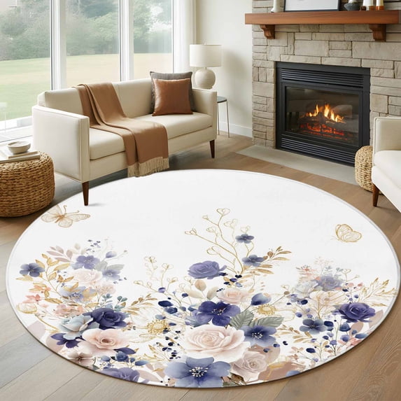 Purple Spring Floral Round Area Rug 7Ft Washable Circle Rugs for Dorm Laundry Room, Elegant Pastoral Flowers Watercolor Non-Slip Carpet Floor Mats Indoor Outdoor Carpet Runner Aesthetic Home Decor