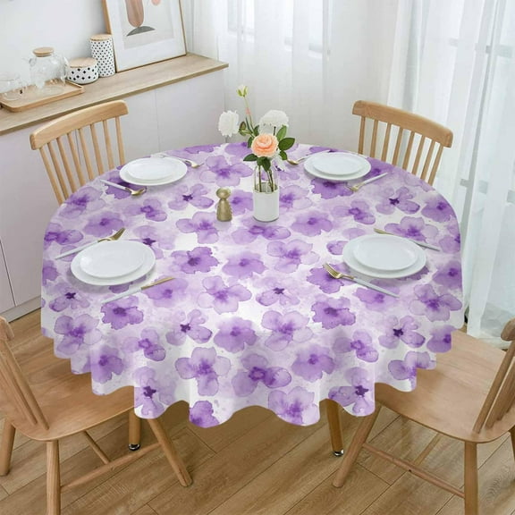 Purple Spring Floral Round Tablecloth 60 Inch - Waterproof Fabric Table Cloth Protector, Watercolor Summer Botanical Tablecloths Washable Table Cover for Kitchen Banquet Coffee Table Party