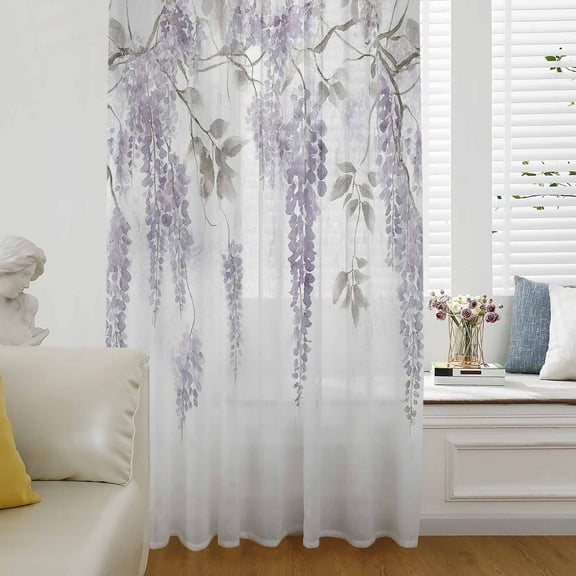 Purple Spring Floral Semi Sheer Curtains Drapes for Living Room, Bedroom, French Doors Window 72 Inches Long, Summer Botanical Weeping Vintage Rod Pocket Chiffon Curtain Drapery Voile Drape Panel