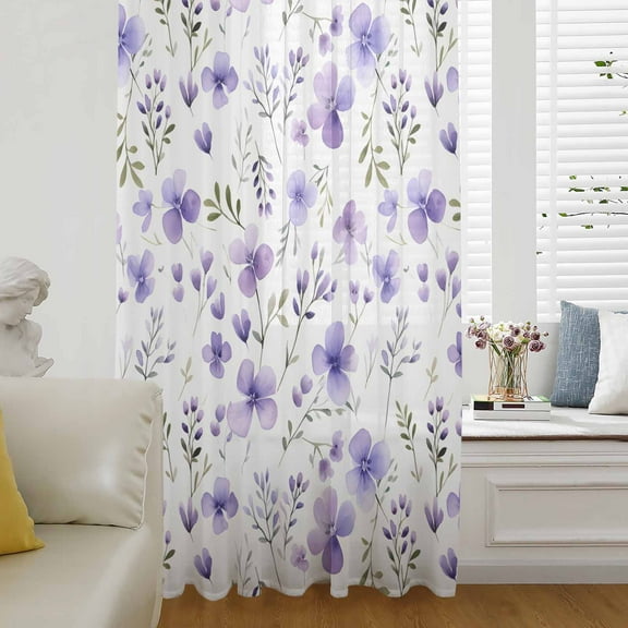 Purple Spring Floral Semi Sheer Curtains Drapes for Living Room, Bedroom, French Doors Window 84 Inches Long, Pastoral Botanical Watercolor Rod Pocket Chiffon Curtain Drapery Voile Draperies Panel