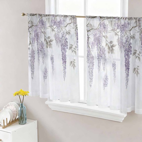Purple Spring Floral Semi Sheer Window Curtains 54 Inches Long, Summer Botanical Weeping Vintage Rod Pocket Voile Silky Chiffon Curtain Light Filtering Drapes for Living Room, 52"x54", 2 Panels