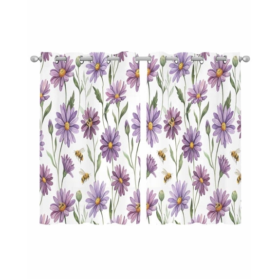 Purple Spring Floral Sheer Curtains 45 Inch Length 2 Panels Set for Living Room/Bedroom, Summer Botanical Bee Floral Daisy Kitchen Curtains Grommet Semi-Sheer Curtains Window Treatments 42"x45"x2