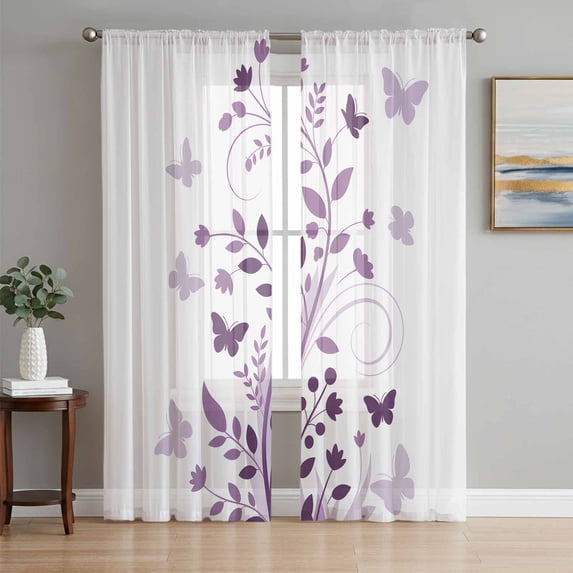 Purple Spring Floral Sheer Curtains 63 Inch Length 2 Panels Set, Elegant Pastoral Flowers Abstract Art Voile Window Treatment Curtains Sheers Drapes for Bedroom/Living Room/Kitchen 52x"63"x2