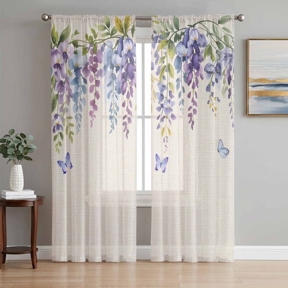 Purple Spring Floral Sheer Curtains 72 Inch Length 2 Panels Set Window Treatments, Butterfly Weeping Watercolor Botanical Rod Pocket Semi Curtains for Living Room/Bedroom/Kitchen Décor, 104"W x 72"L