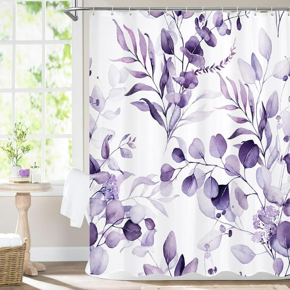 Purple Spring Floral Shower Curtain, Modern Plants Botanical Fabric Cloth Shower Curtains for Chic Elegant Bathroom Decor, Summer Watercolor Eucalyptus Leaf, 72x72