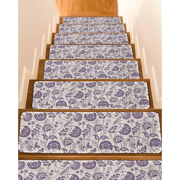 Purple Spring Floral Stair Treads Non Slip Runners Rugs, 4 Pcs Carpet for Stairs with Adhesive, Summer Botanical Farmhouse Stair Mats Pads Indoor Stair Treads for Wooden Steps 8"x30"