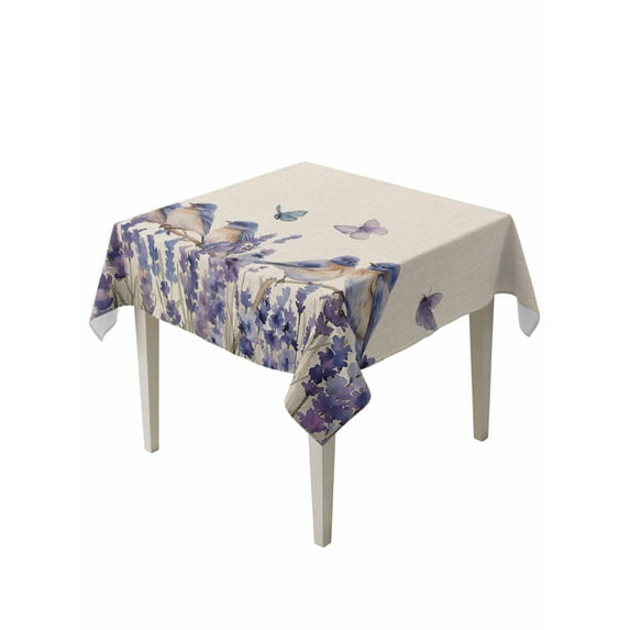 Purple Spring Floral Suqare Tablecloth - 60 x 60 Inch, Summer Birds Butterfly Farmhouse Waterproof & StainResistant Tablecloth, Washable Oil-proof Table Cover for Dining/Party/Wedding/Camping/Buffet
