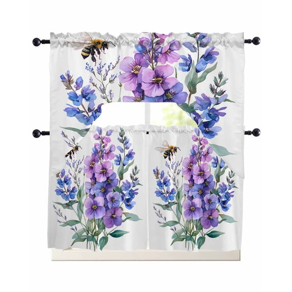 Purple Spring Floral Swag Kitchen Curtains Sets for Windows 24 Inch Length, Farmhouse Flowers Leaves Short Window Curtain Panels Swags Valances and Tiers 3 Piece Set for Cafe/Dining Room