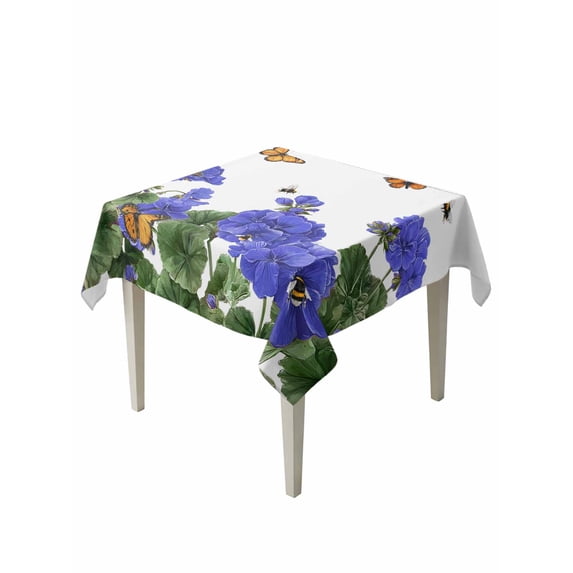 Purple Spring Floral Table Cloth, Waterproof Tablecloth for Square Tables, Butterfly Farmhouse Reusable Washable Fabric Table Cover for Restaurant Kitchen Dining Tables 60"x60" Watercolor Flowers