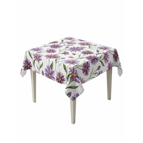 Purple Spring Floral Table Cloth, Waterproof Tablecloth for Square Tables, Summer Botanical Bee Floral Daisy Reusable Washable Fabric Table Cover for Restaurant Kitchen Dining Tables 54"x54"