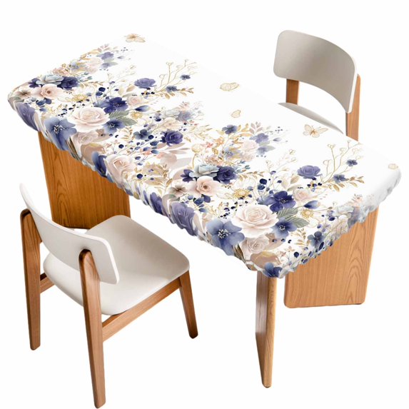 Purple Spring Floral Table Cloths for 4 Foot Rectangle Tables, Elegant Pastoral Flowers Watercolor Patio Waterproof Elastic Fitted Tablecloths, Washable Rectangular Table Cover for Camping