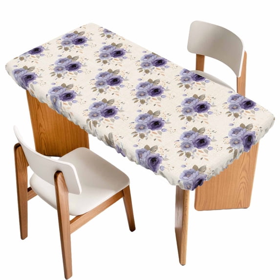 Purple Spring Floral Table Cloths for 6 Foot Rectangle Tables, Farmhouse Flowers Modern Art Patio Waterproof Elastic Fitted Tablecloths, Washable Rectangular Table Cover for Camping