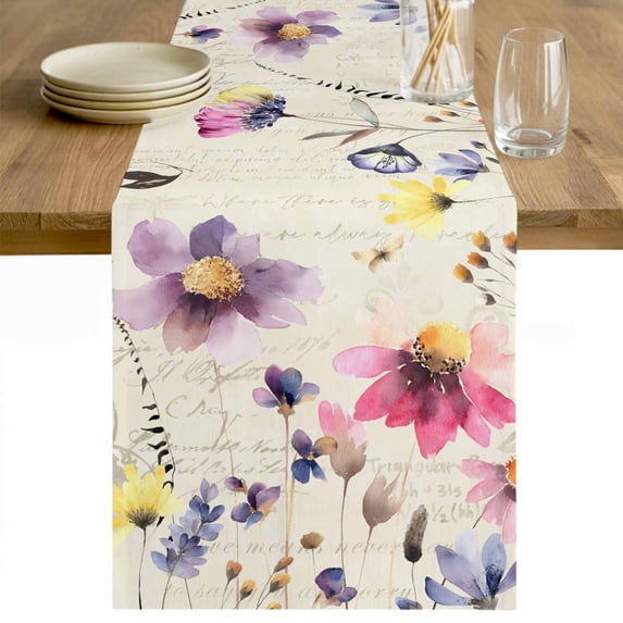 Purple Spring Floral Table Runner - 60 Inch Long Vintage Flowers Farmhouse Watercolor Cotton and Linen Blended Dress Scarves Farmhouse Table Runner for Kitchen Dining, Coffee Table, 13" x 60"