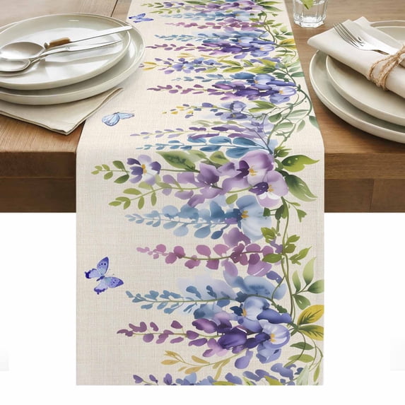 Purple Spring Floral Table Runner - 70 Inch Long, Kitchen Dining Table Runner Dresser Scarves, Butterfly Weeping Watercolor Botanical Farmhouse Decor for Coffee Tables Wedding Party Banquet