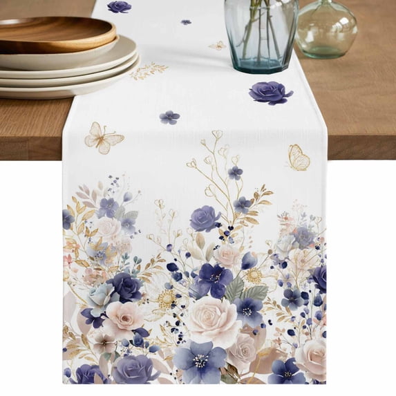 Purple Spring Floral Table Runner, Elegant Pastoral Flowers Watercolor Cotton Linen Table Runners 120 Inches Long, Dresser Scarf Runner for Dining/Living Room/Kitchen/Square Tables 13''x120''