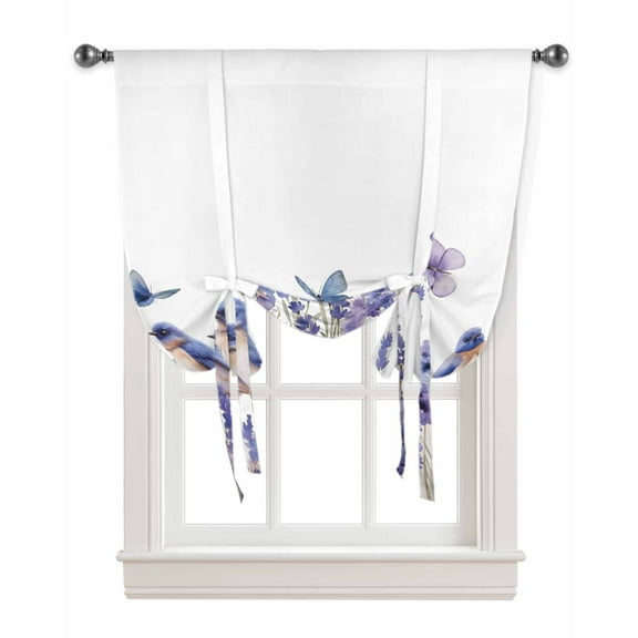 Purple Spring Floral Tie Up Curtains for Kitchen Bathroom Bedroom Windows 45 Inch Length, Watercolor Summer Birds Butterfly Balloon Drape Curtains Shade Rod Pocket Drapery Curtain Panel, 34"x45"