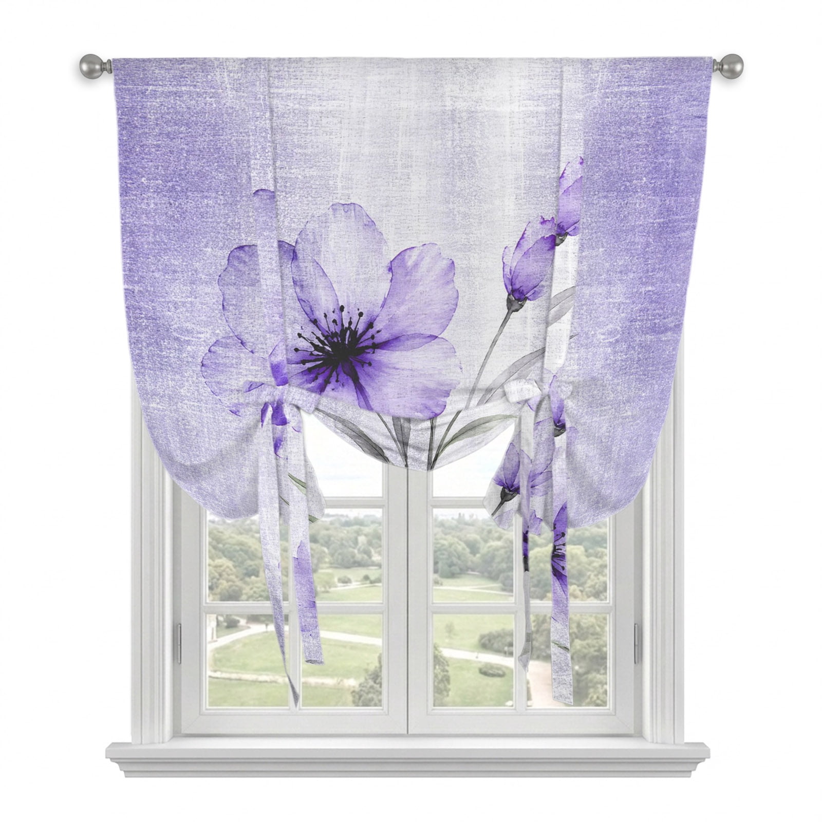 Purple Spring Floral Tie Up Curtains for Window, Thermal Insulated ...