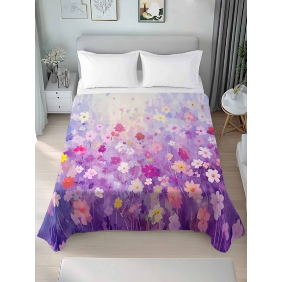 Purple Spring Floral Twim Size Flat Sheet, Wrinkleproof & Fadeproof Cooling Flat Bed Sheet Only, Summer Daisy Botanical Oil Painting Breathable Soft Bedding Top Sheets 66 x 96 Inches