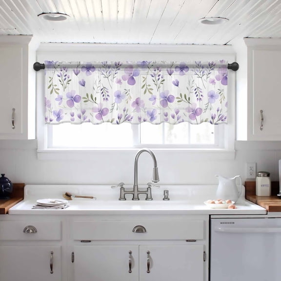 Purple Spring Floral Valance Curtains for Kitchen/Living Room/Bathroom/Bedroom Window, Pastoral Botanical Watercolor Rod Pocket Small Topper Half Short Window Curtains Voile Sheer Scarf 42"x12"