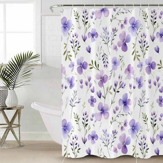Purple Spring Floral Waterproof Fabric Shower Curtain, Pastoral Botanical Watercolor Shower Curtain for Bathroom Curtains Bathtubs Hotel Washable Shower Curtains with 12 Hooks Small 36x72in