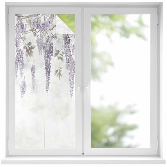 Purple Spring Floral Window Privacy Film, Summer Botanical Weeping Vintage Static Cling UV Sun Blocking Heat Control Window Tint, Non-Adhesive One Way Windows Privacy Cover 17.7''x39.3''