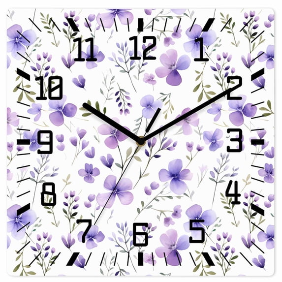 Purple Spring Floral Wooden Wall Clock Silent Non Ticking, Pastoral Botanical Watercolor Square Wall Clocks Battery Operated, Decor Clock for Home Office, Living Room, Kitchen, 12 Inch